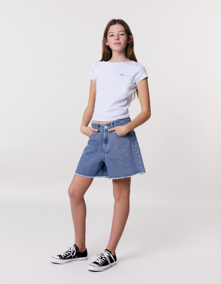 Short en jean bleu bords frangés fille-1