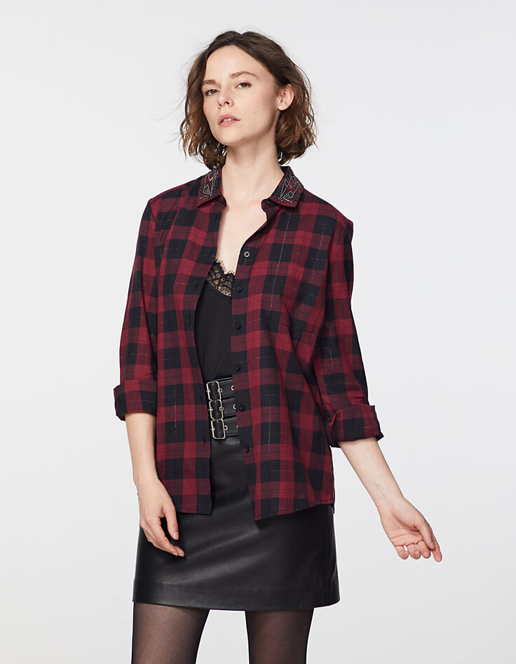 Chemise à carreaux métallisés en coton col bijoux femme-2