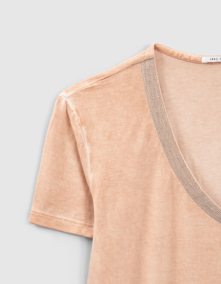 Beige top in twee materialen gestreepte ribboorden Dames-3