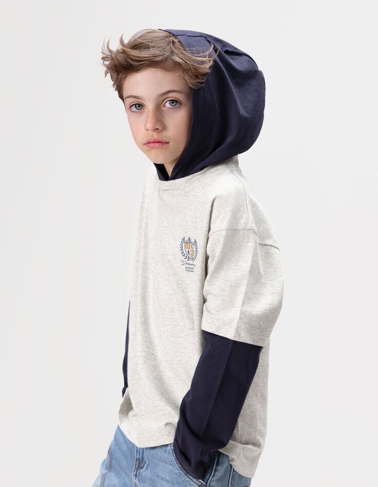 Boys’ grey organic cotton T-shirt, trompe l’oeil sleeves-3 Boys’ grey organic cotton T-shirt, trompe l’oeil sleeves-3