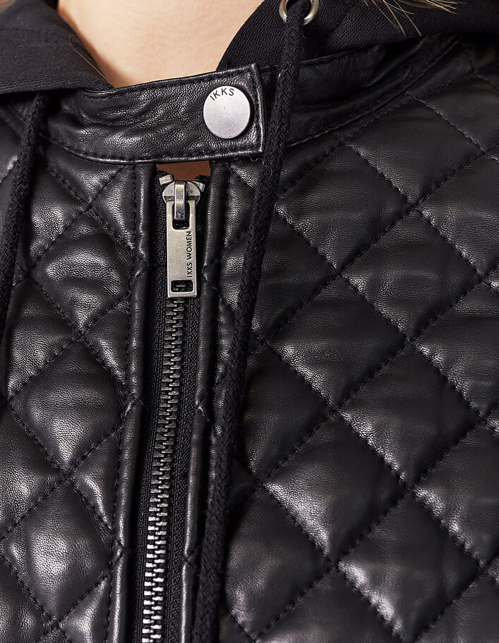 Women’s quilted lambskin leather short jacket + black hood - IKKS