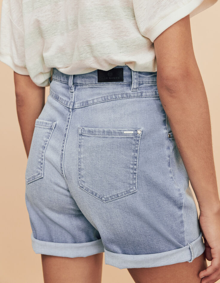 Blaue Bleached Damenjeansbermudas mit Steppnaht vorne-6