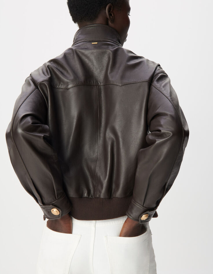 Women's Brown Leather Bomber Jacket-3