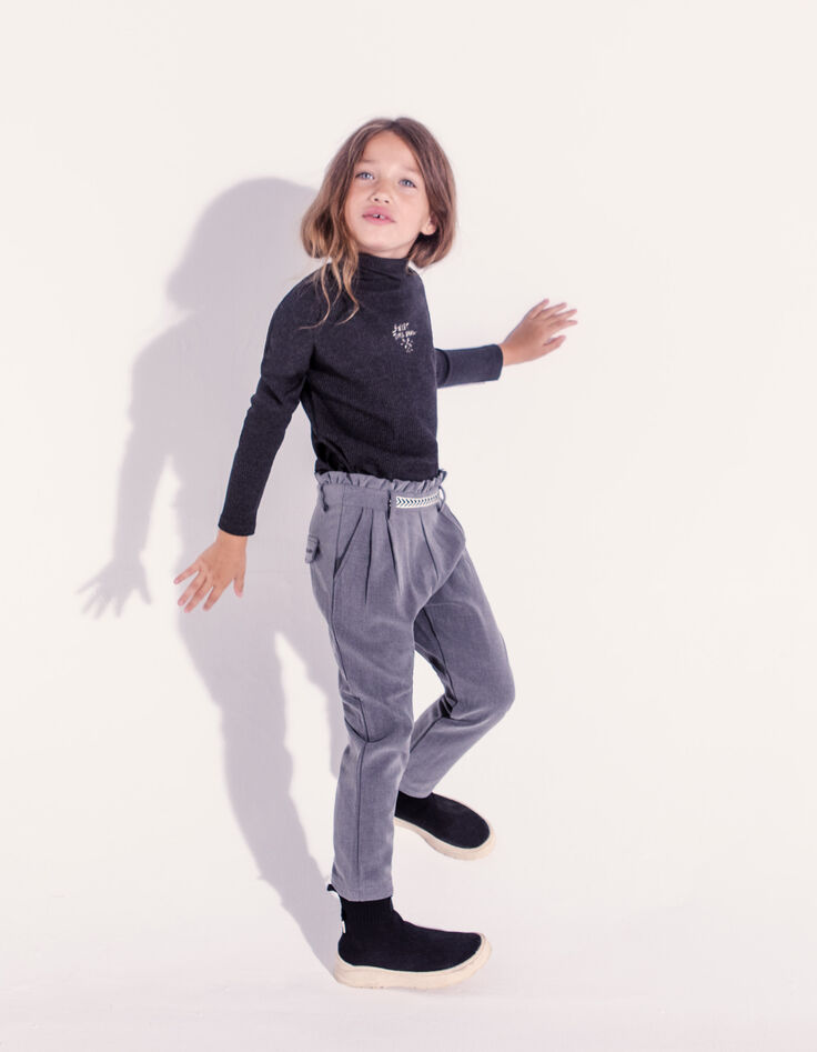 Pantalon gris chin&eacute; avec ceinture fronc&eacute;e fille-2