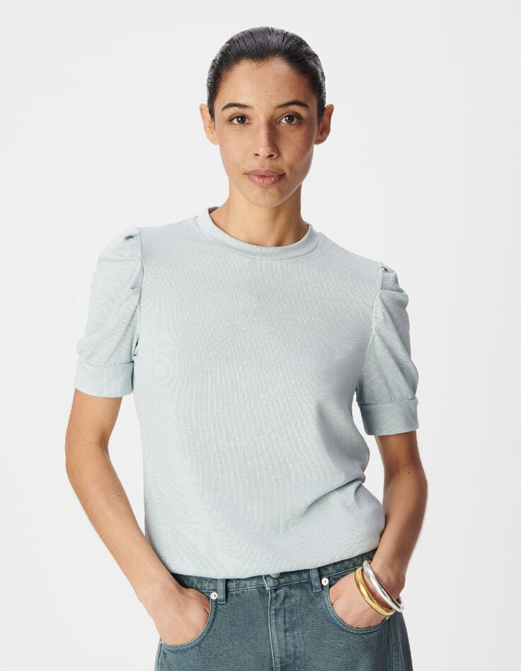 Dames-T-shirt met blauwe lovertjes en gerimpelde mouwen Ronde halslijn-1