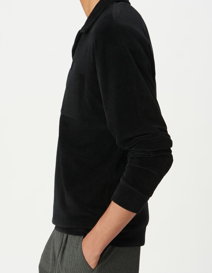 Schwarzes Herrenpoloshirt lange &Auml;rmeln Veloursstrick-4