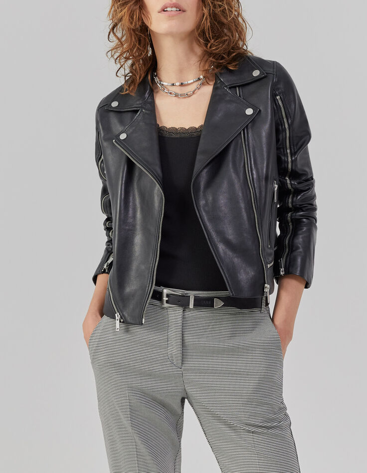 Veste en cuir noir esprit motard multi zips Femme-2