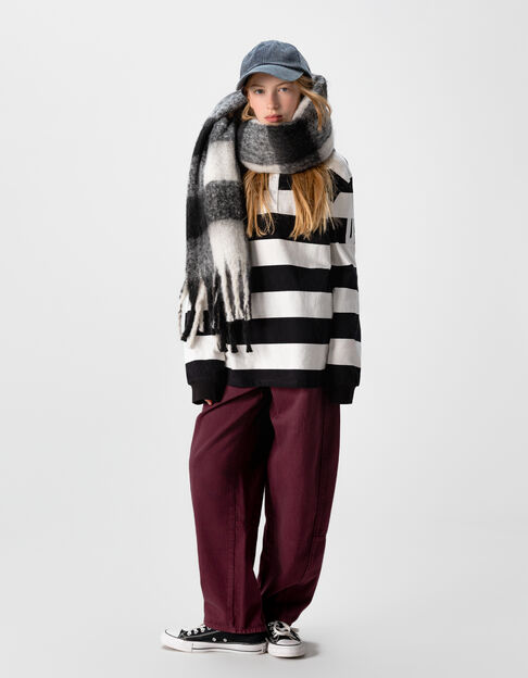 Girls’ black fringed scarf with white XL checks - IKKS