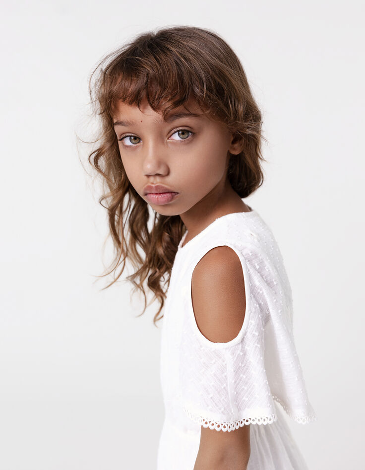 White jacquard feather duster dress with flowers for girl-2