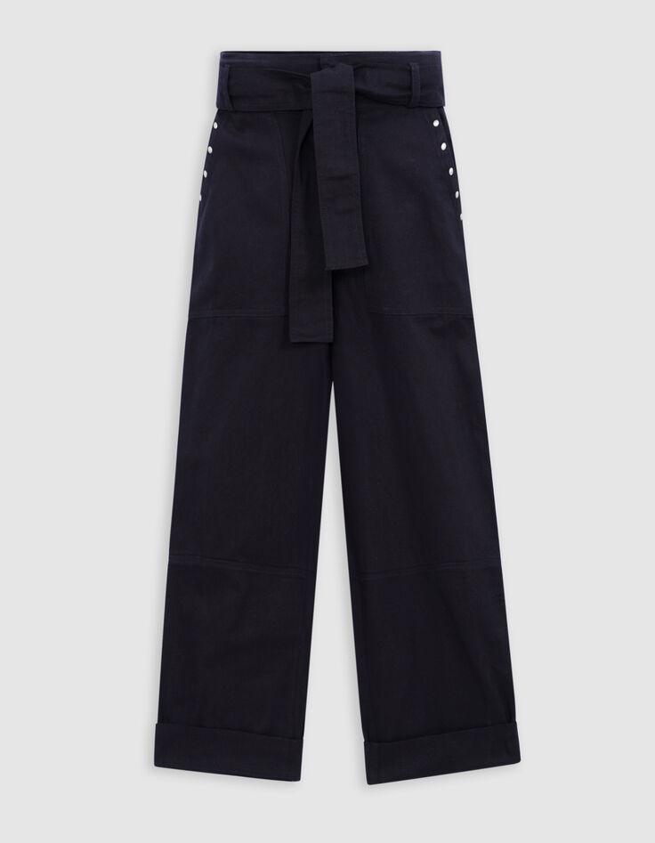 Damesjeans met zwarte paperbag en wijde pijpen en studsversiering-5