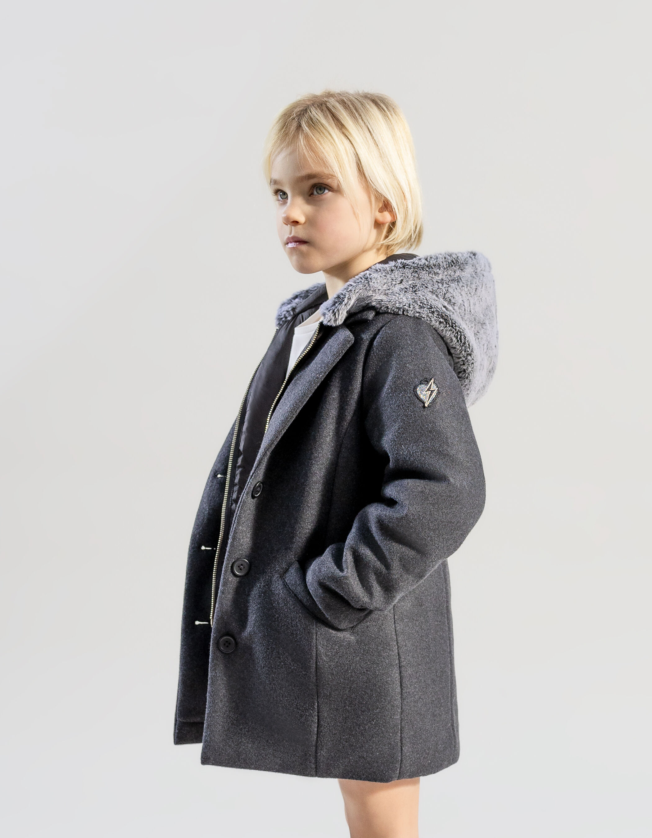 Manteau gris avec parementure amovible a capuche fille IKKS