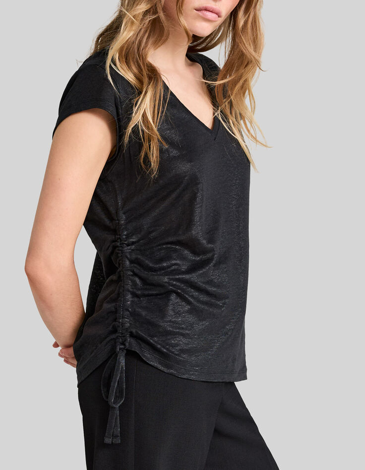 Schwarzes Damen-T-Shirt aus irisierendem Leinen-5