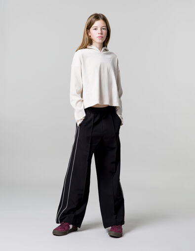 Black wide-leg pants with ecru bias on sides for girls - IKKS