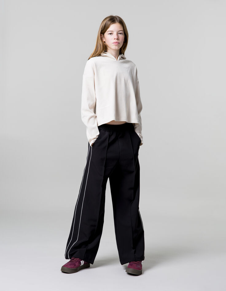 Black wide-leg pants with ecru bias on sides for girls-1