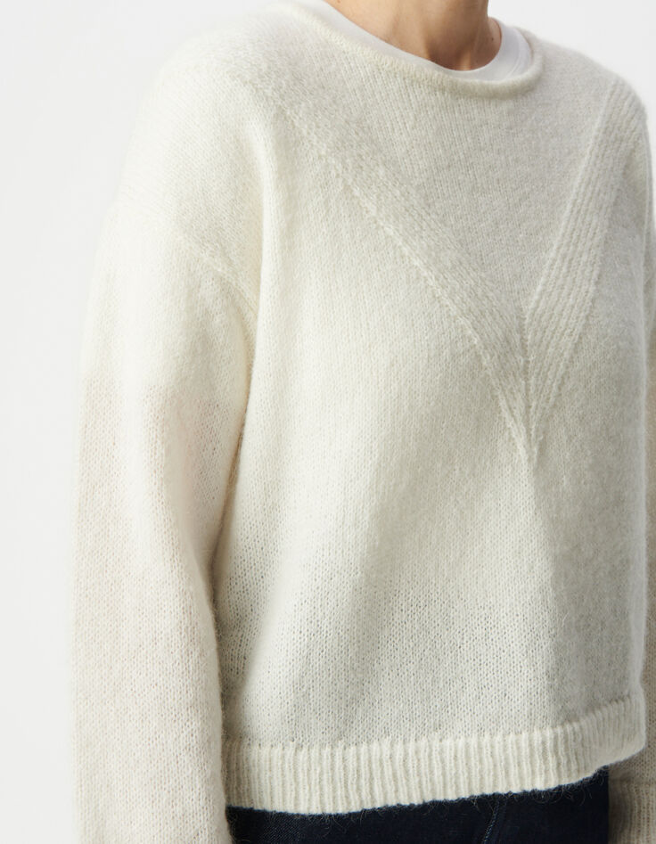 Pull écru tricot jeu de points chevron Femme-5