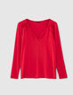 T-shirt rouge en viscose détails broderie sequins épaules femme-1