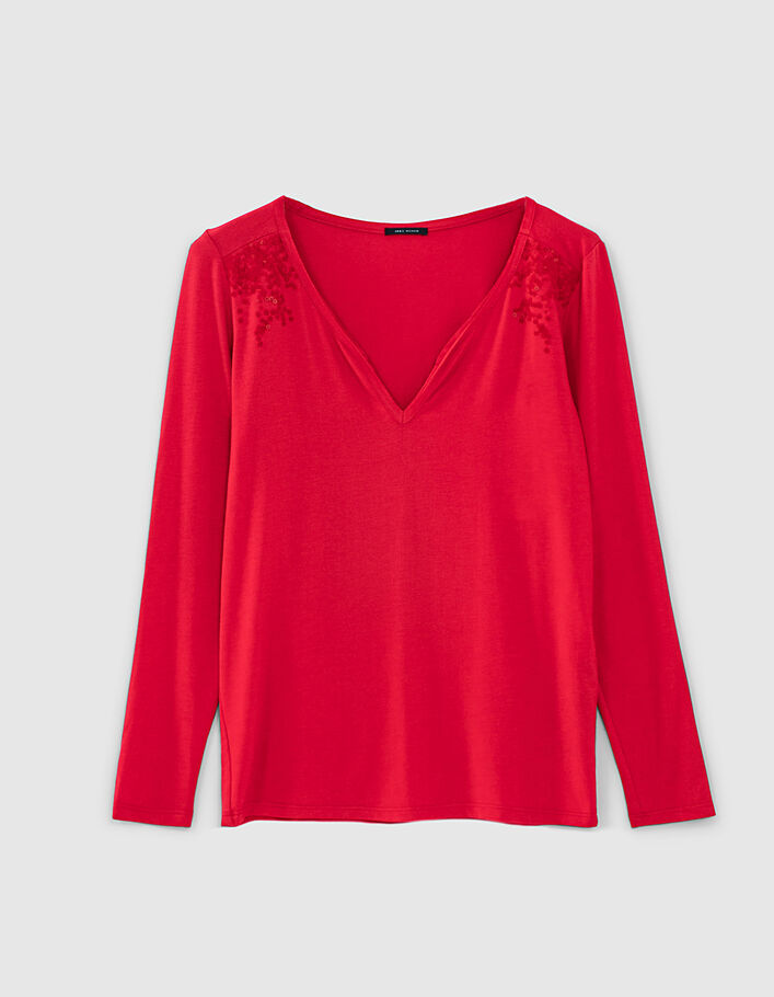 T-shirt rouge en viscose détails broderie sequins épaules femme-1