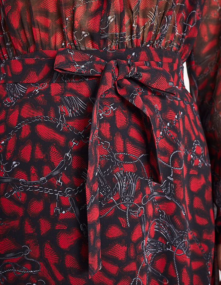 Langes Damenkleid aus voile, Red-Snake-und-Ketten-Print-3