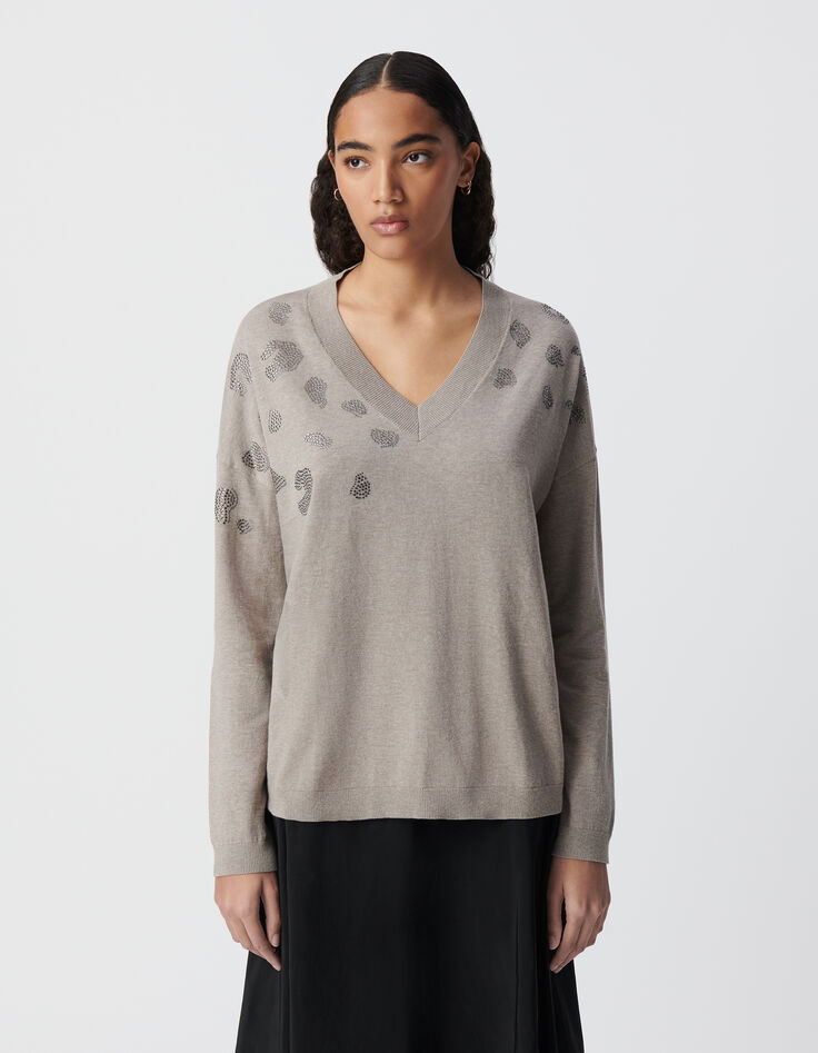 Sesame knit sweater leopard pattern micro studs Women-2