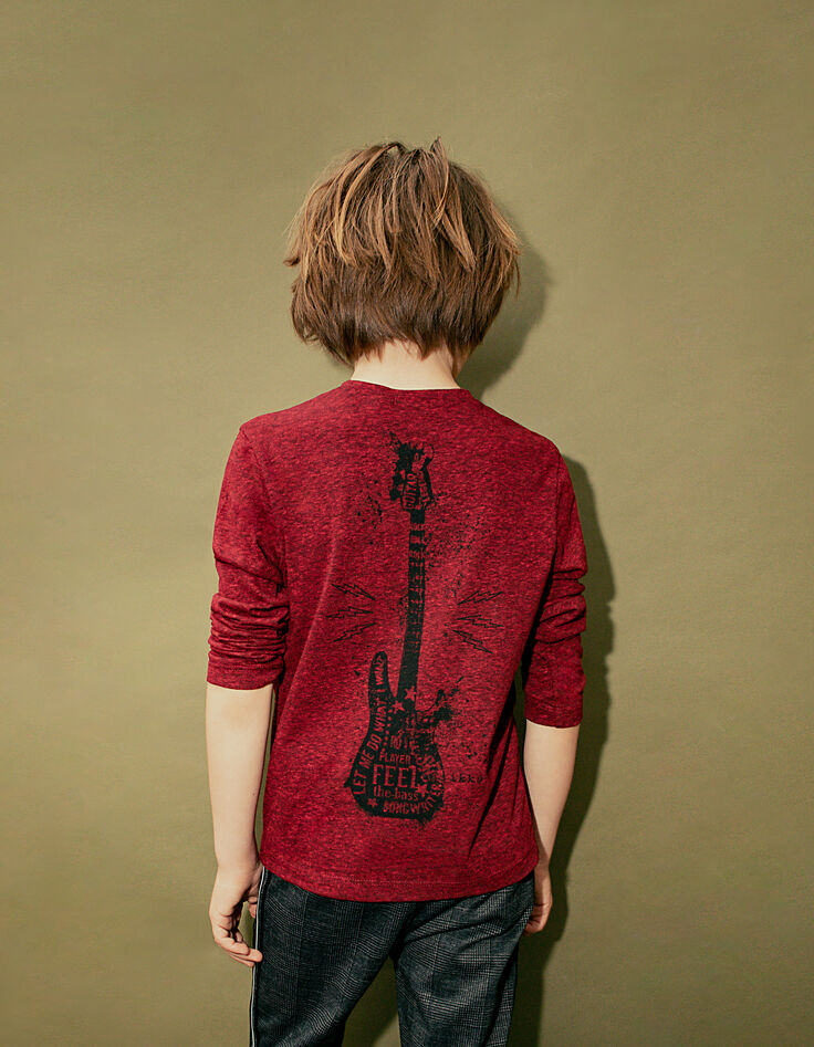 Tee-shirt rouge moyen à message et guitare dos garçon -1