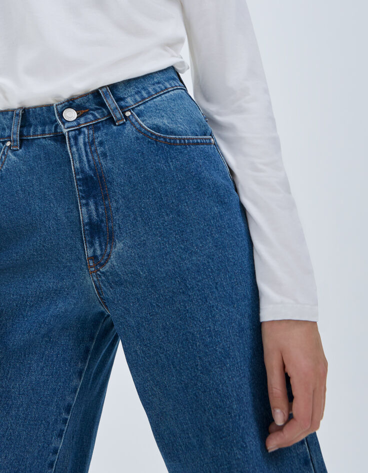 Jean large bleu taille haute 7/8e bas frangés Femme -4