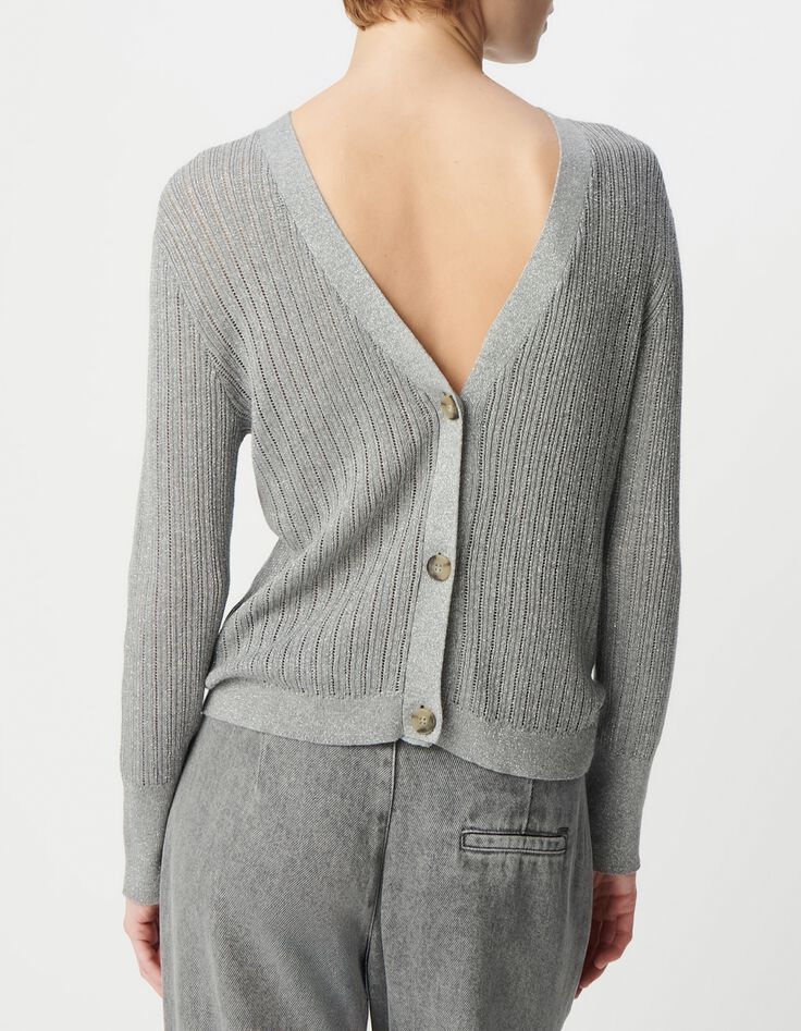 Elegante C&aacute;rdigan de l&uacute;rex gris calado para Mujer-5