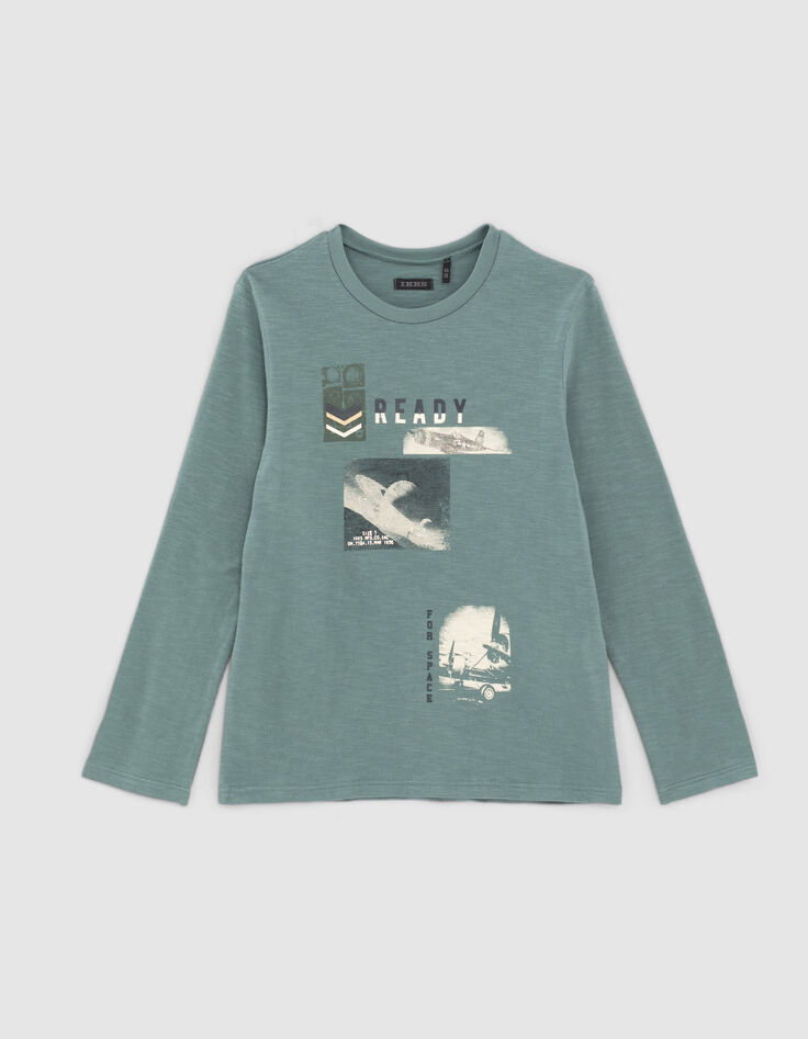 Boys’ stone green plane image organic cotton T-shirt -1