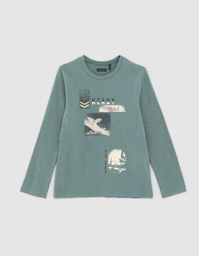 Boys’ stone green plane image organic cotton T-shirt  - IKKS