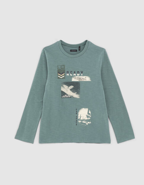 Boys’ stone green plane image organic cotton T-shirt 