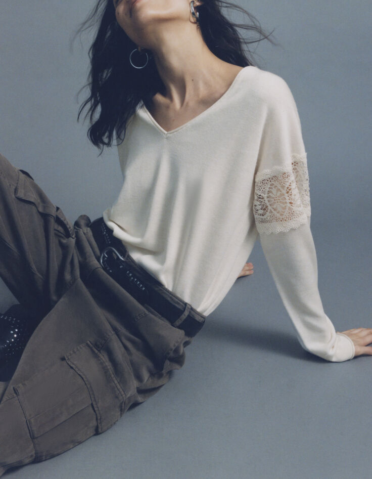 Pull réversible écru tricot dentelle aux manches Femme-4