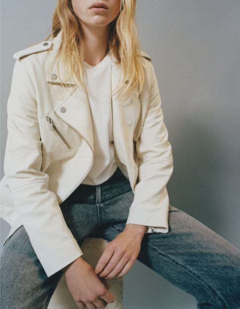 Veste cuir écru esprit motard poches zippées Femme - IKKS