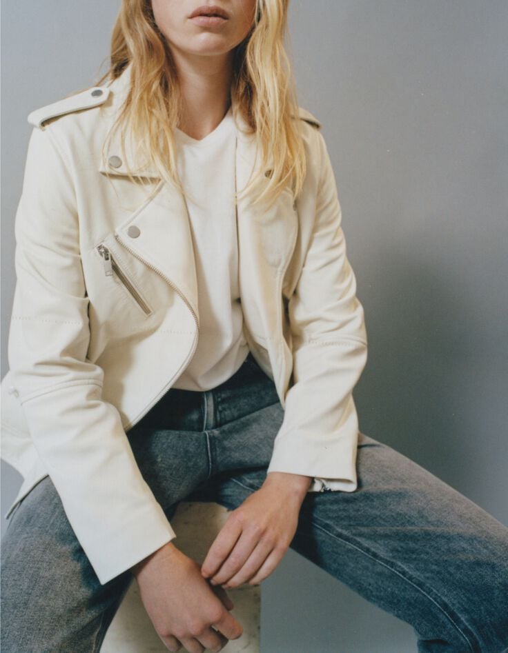 Veste cuir écru esprit motard poches zippées Femme-1 Veste cuir écru esprit motard poches zippées Femme-1