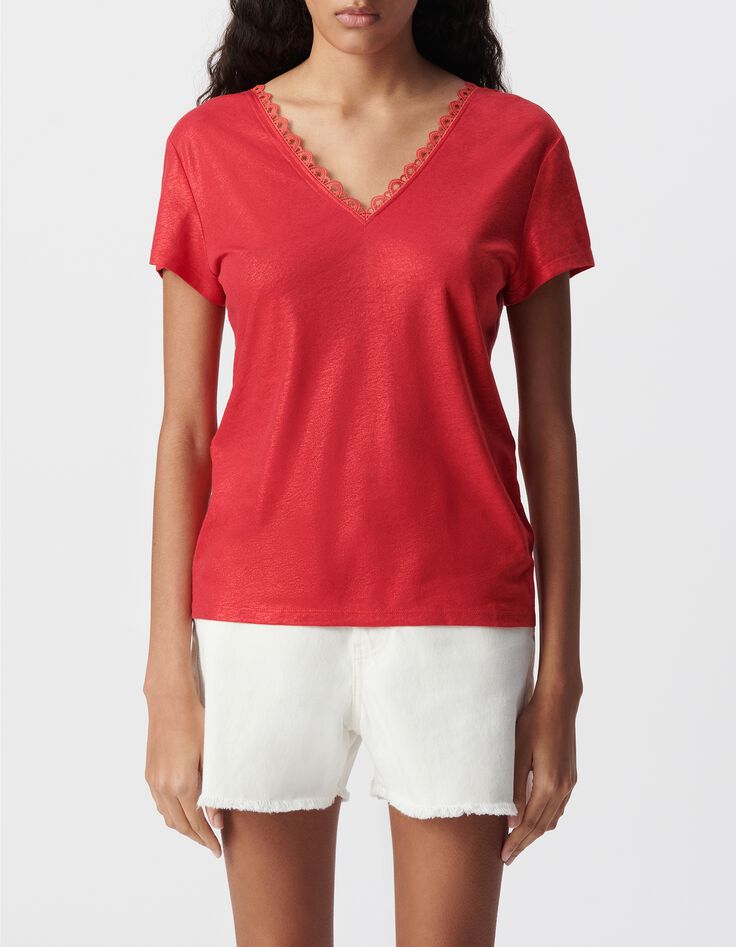 Tee-shirt rouge encolure V devant et dos-2