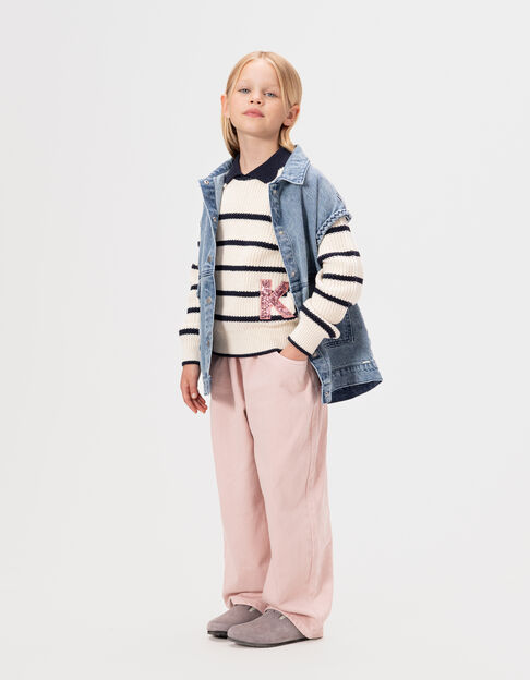 Pull écru tricot col marine lettre sequins fille - IKKS