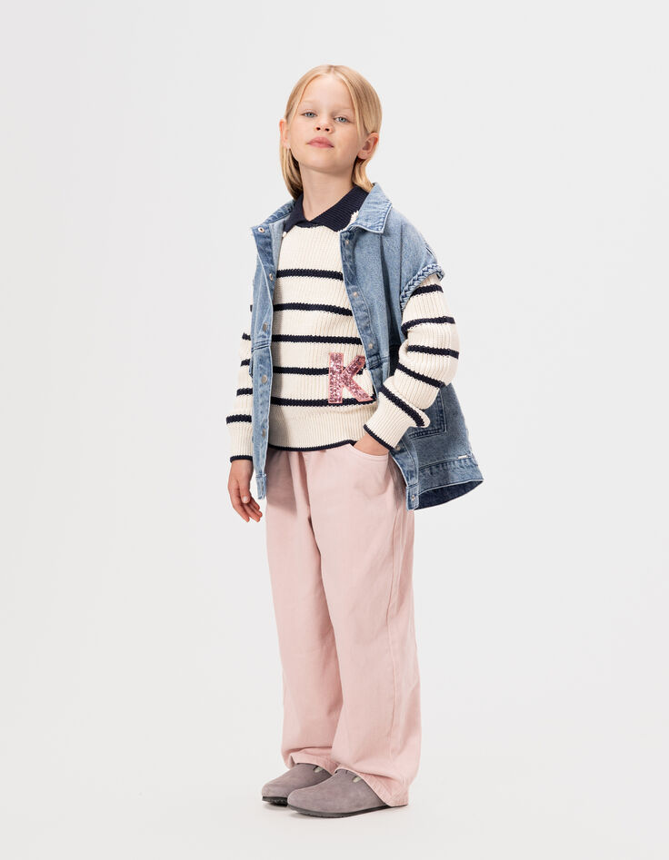 Pull écru tricot col marine lettre sequins fille-1 Pull écru tricot col marine lettre sequins fille-1