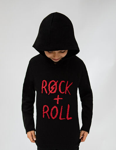 Pull noir tricot à message rouge garçon  - IKKS