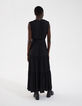 Vestido largo satén negro pliegues mujer-3