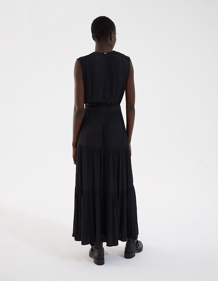 Vestido largo satén negro pliegues mujer-3