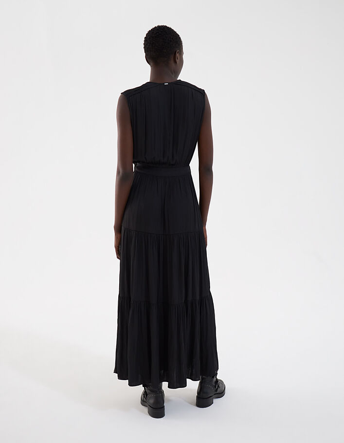 Women’s black satin long dress with horizontal pleats - IKKS
