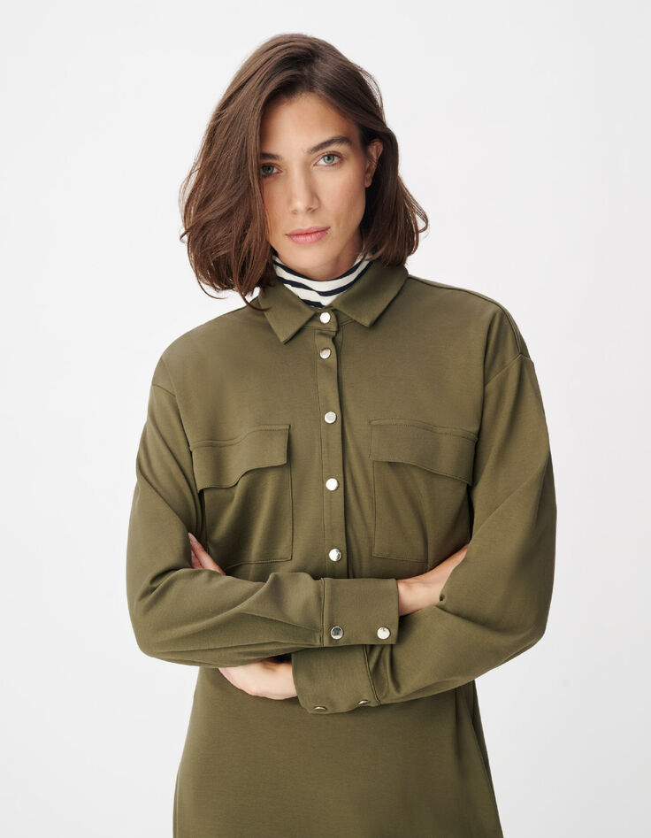 Women's Khaki Knit Shirt Dress with Belt-4