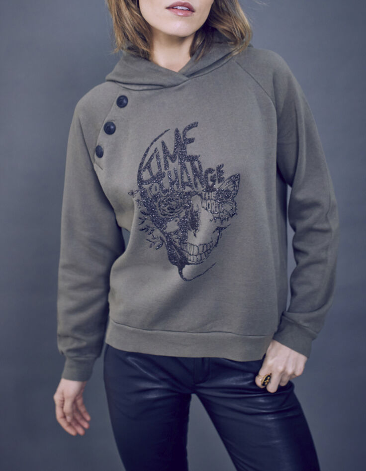 Sudadera con capucha caqui botones hombros calavera mujer-7