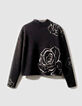 Schwarzer Stehkragen Jacquard Pullover Rosenmotiv Damen-1