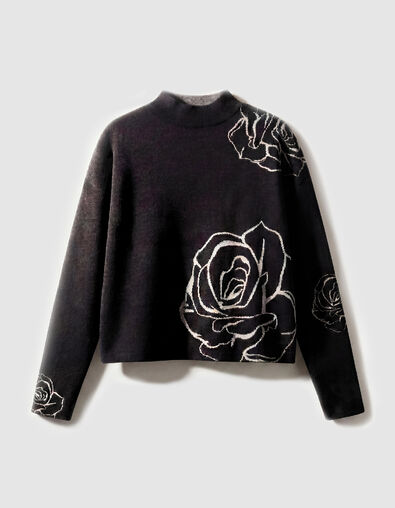 Schwarzer Stehkragen Jacquard Pullover Rosenmotiv Damen - IKKS