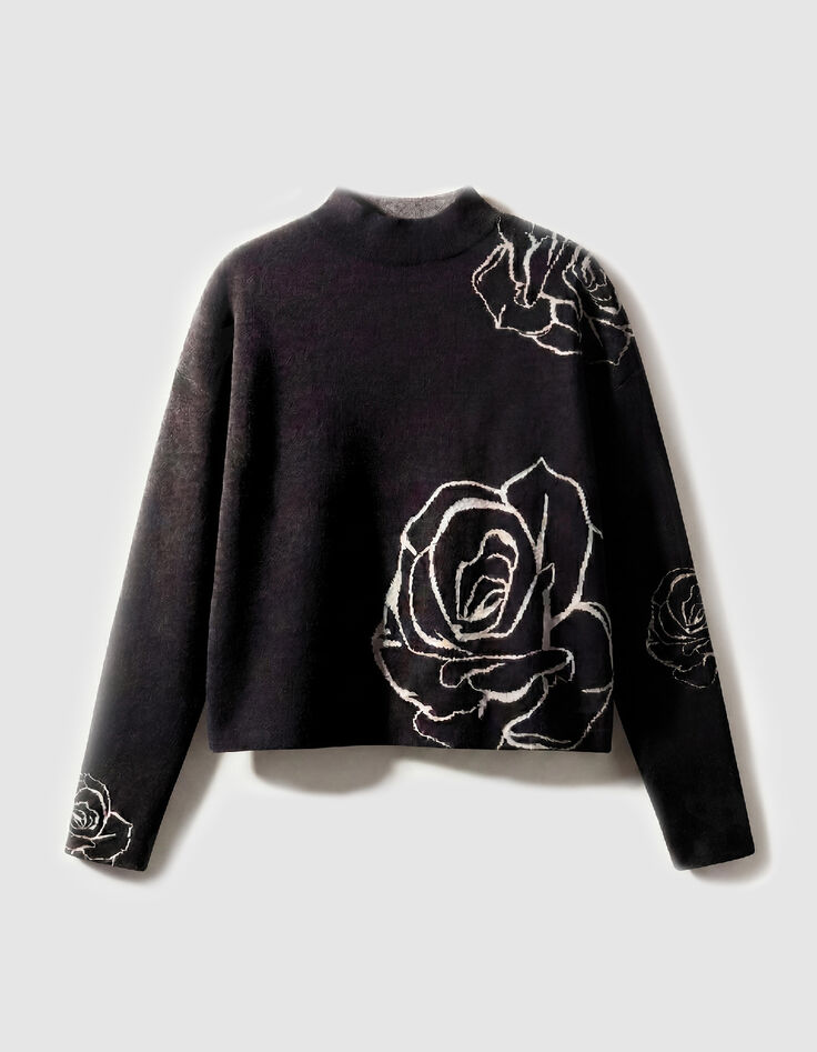 Schwarzer Stehkragen Jacquard Pullover Rosenmotiv Damen-1