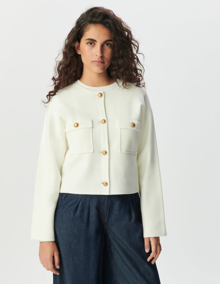 Women’s white knit short cardigan with patch pockets-2