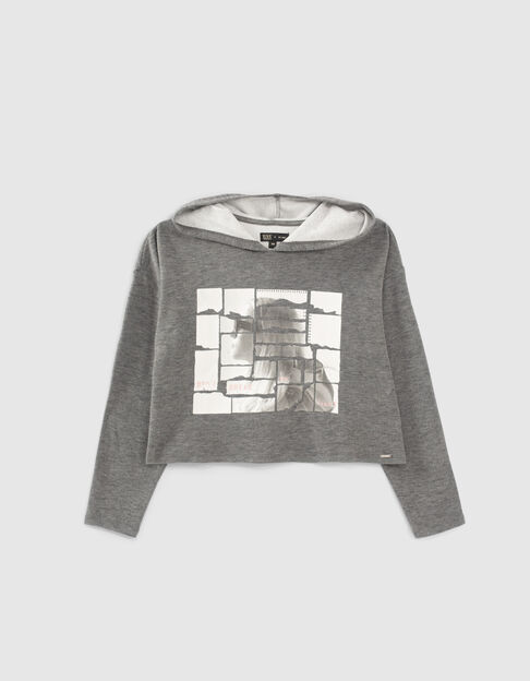 Girls’ grey girl image hooded T-shirt
