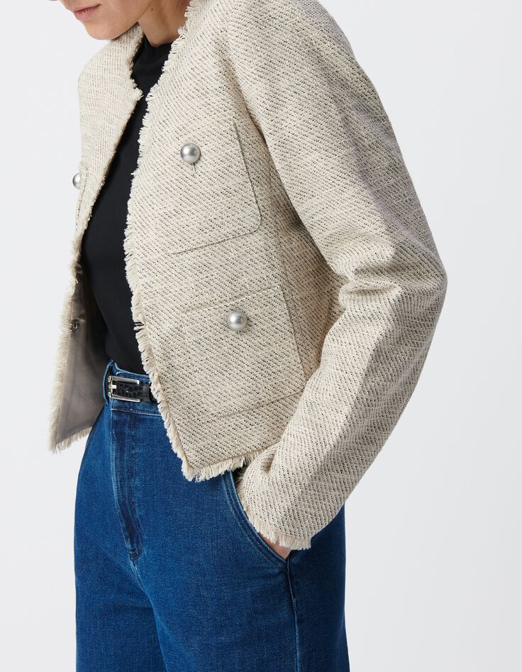 Chaqueta corta de tweed beige Mujer-4
