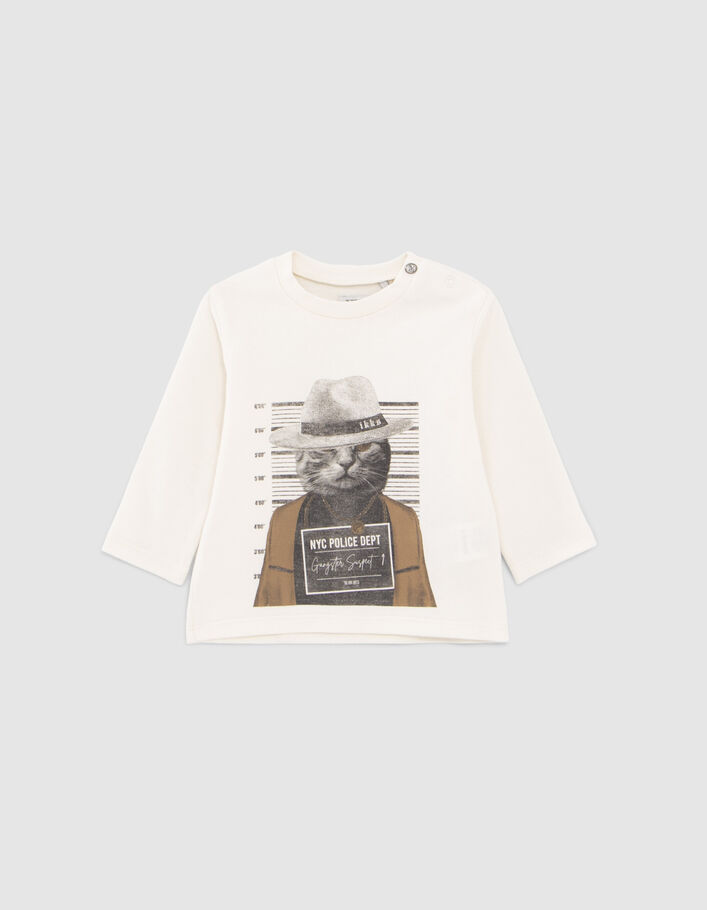 T-shirt écru coton bio visuel chat-gangster bébé garçon-1