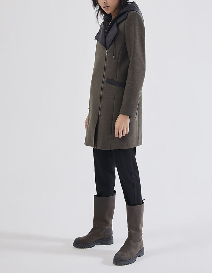 Manteau mi- long kaki majorité laine capuche amovible femme-1