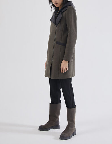 Women’s khaki wool-rich mid-length coat + detachable hood - IKKS